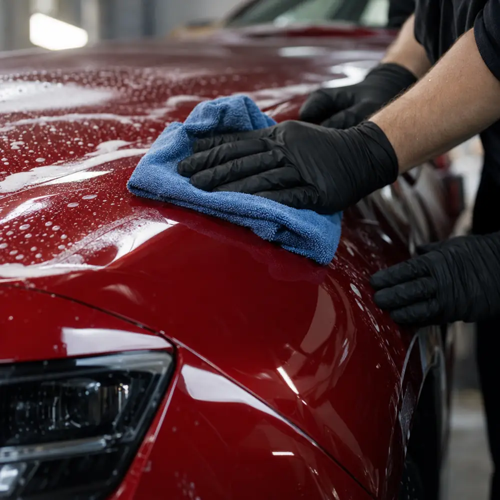 Gloved hands buffing glossy red paint with a blue microfiber cloth